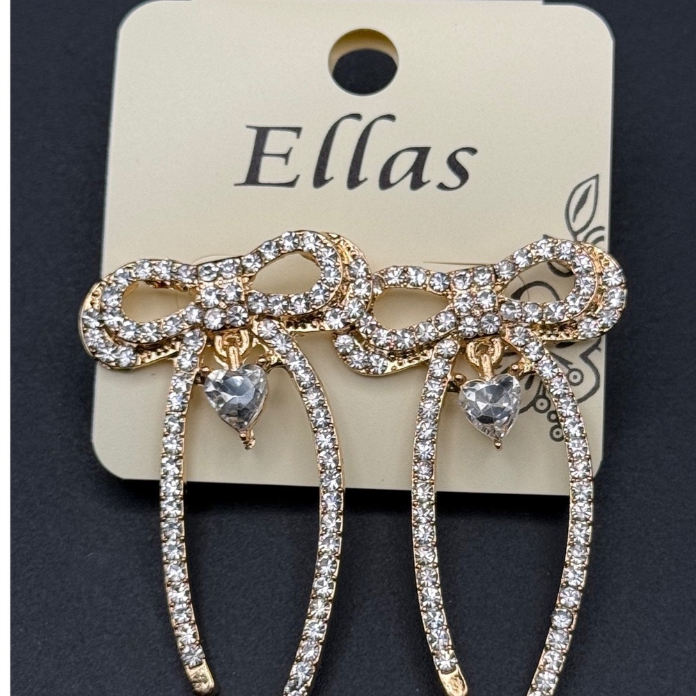 Ellas Gold Tone Rhinestone Bow Heart Dangle Drop Earrings New
